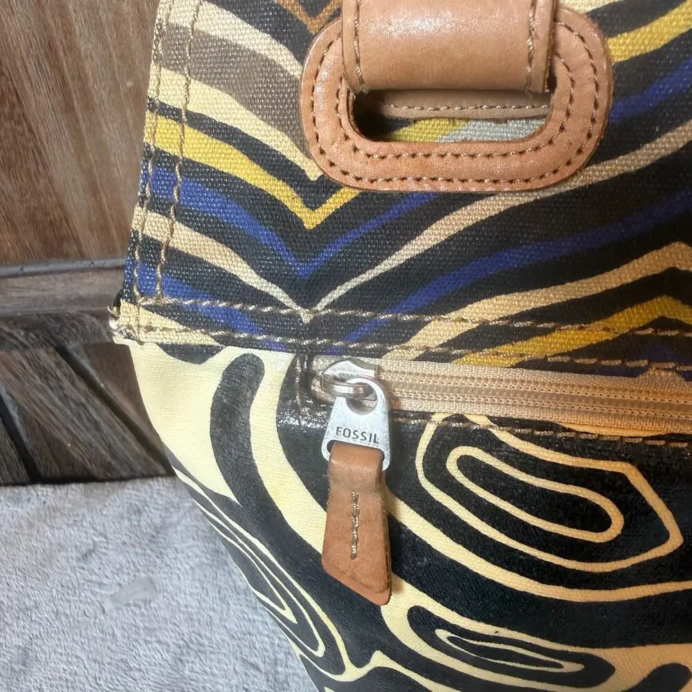 Fossil Abstract Print Canvas Tote Bag Black Cream Blue Yellow Shoulder Purse